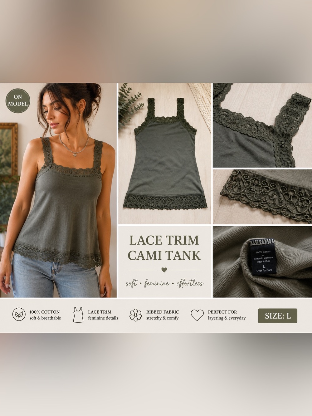 Olive Green Lace Trim Cami Tank Top Cottagecore Fairy Grunge Boho Y2K Ribbed